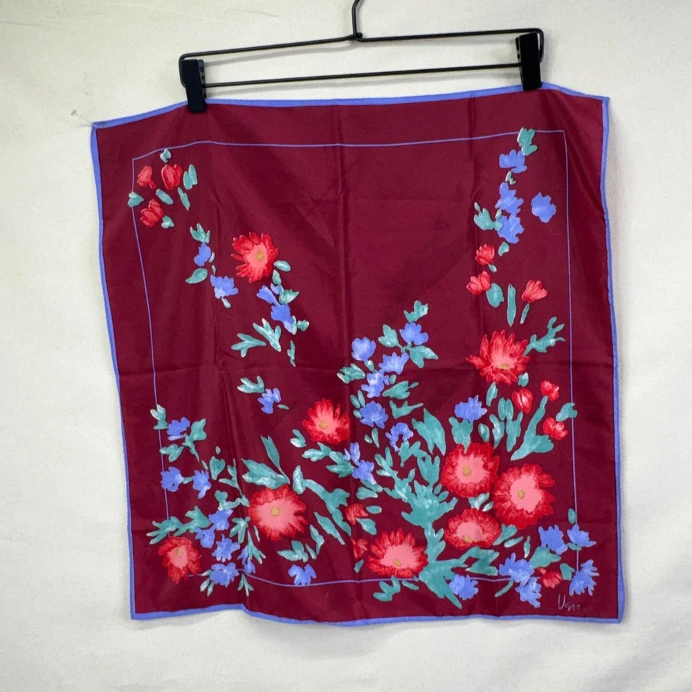 Vera Scarf Squares Set of 2 Burgundy Red Floral Silk Blend Vintage Cottagecore